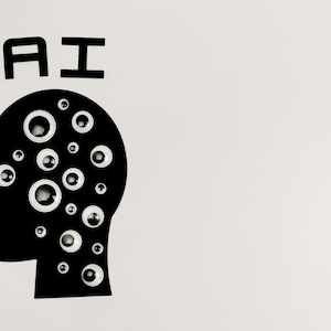 May include: A black silhouette of a head with multiple white googly eyes inside, with the letters "AI" above the head.