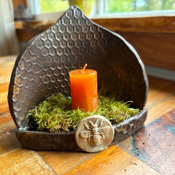 Traveling mini Bee Goddess Altar. Ceramic and sea glass. Golden. Hand built. Portable Spirit altar. Bee Totem. Honey comb textures.