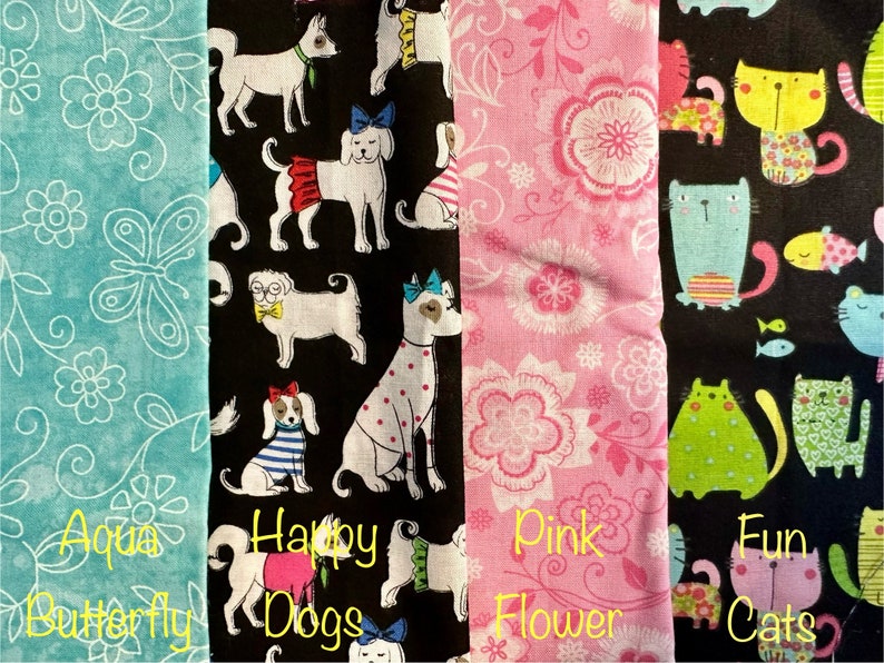 May include: Four fabric swatches with different patterns. The first is aqua blue with white butterfly and flower designs. The second is black with white dogs wearing clothes and accessories. The third is pink with white flowers. The fourth is black with colorful cats and fish.