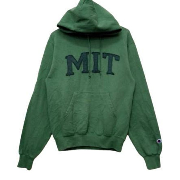 Vintage Champion Embroidery MIT patched Pullover Sweatshirt Hoodie Green Colour