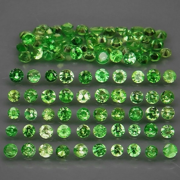 100 pcs. natural green Tsavorite gemstones, full fire, round diamond cut - from Tanzania, 3.75ct.