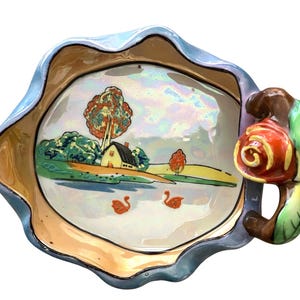 Lusterware, Trinket Dish,  Hand-Painted Japanese Lusterware, Featuring a Landscape detailed with swans and unique rose shaped handles