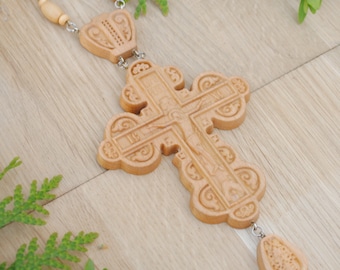 Carved Wooden Orthodox Pectoral Cross with Chain