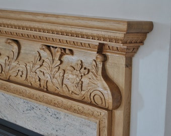 Wooden fireplace decorations carving oak decorative details mantel surround the fire. Oak. Custom size