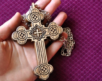 Wooden carved cross priest pectoral necklace. Simple design