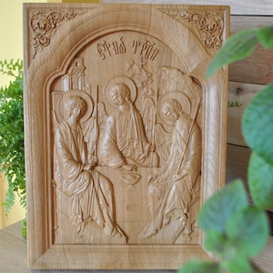 Orthodox wooden carved icon Holy Trinity. Christian faith art / Wood carving / Religious gift / SusidkoArt