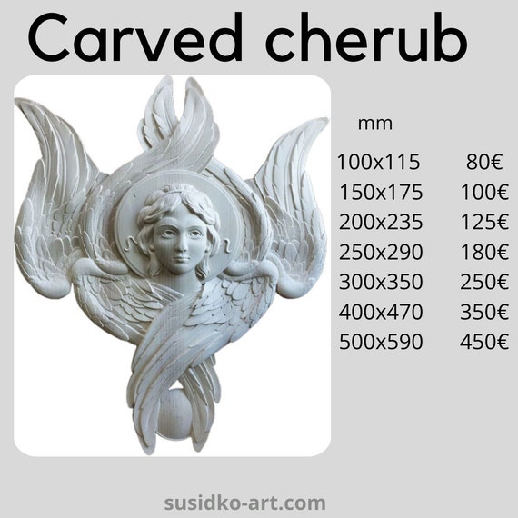 彫刻された木製の天使の頭のアップリケ：翼のある天使の飾り - Etsy 日本