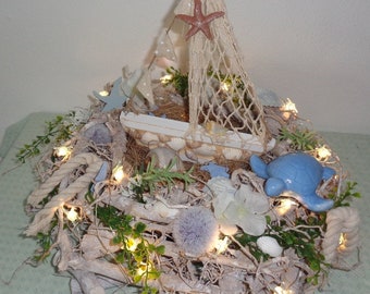 Driftwood wreath maritime*sailing ship*turtle*LED light chain