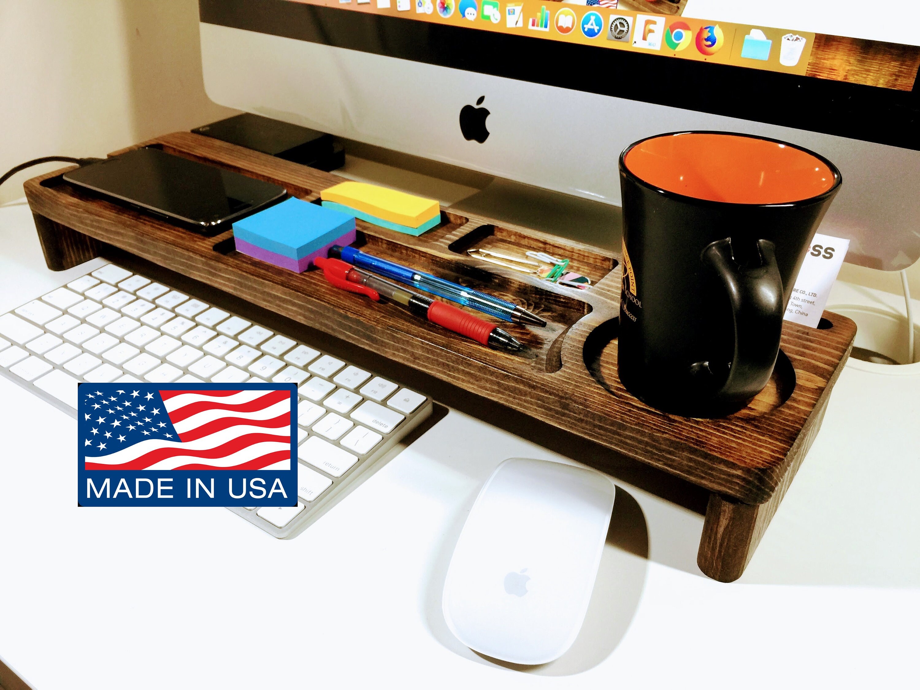Wooden Desktop Organizer Docking Station Keyboard Rack Shelf Office Home Multi Use Desk Mens Caddy