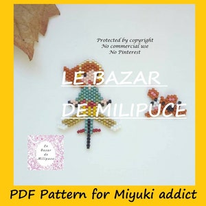 Puede incluir: Patrón PDF para Miyuki addict con una figura de cuentas de una niña en bicicleta y un pequeño animal. Texto "LE BAZAR DE MILIPUCE". Fondo blanco con borde amarillo.