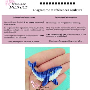 May include: A beaded whale pin in shades of blue and white, held in a hand. The image includes text in French and English, stating the designs are for personal use only and commercial use is prohibited. The pin is from Le Bazar de Milipuce.