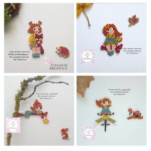 Peut inclure: Quatre sprites en perles de filles aux couleurs automnales avec divers accessoires. Les sprites sont entourées de feuilles d'automne et de branches. Le texte "Tous droits réservés @lebazardemilipuce No commercial use No Pinterest" est dans le coin supérieur gauche. Le texte "Le Bazar de Milipuce" est dans le coin inférieur gauche. Le texte "Tous droits réservés No commercial use No Pinterest" est dans le coin supérieur droit. Le texte "Protected by copyright No commercial use No Pinterest" est dans le coin inférieur gauche. Le texte "Protected by copyright No commercial use No Pinterest" est dans le coin inférieur droit.
