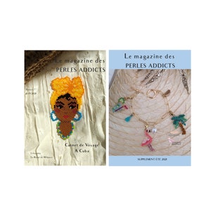 Può includere: Due copertine di riviste che presentano progetti di perline. La prima copertina mostra un ritratto di perline di una donna con un turbante giallo. La seconda copertina mostra un braccialetto di perline con un ciondolo a forma di fenicottero. Entrambe le copertine presentano il testo "Le magazine des PERLES ADDICTS".