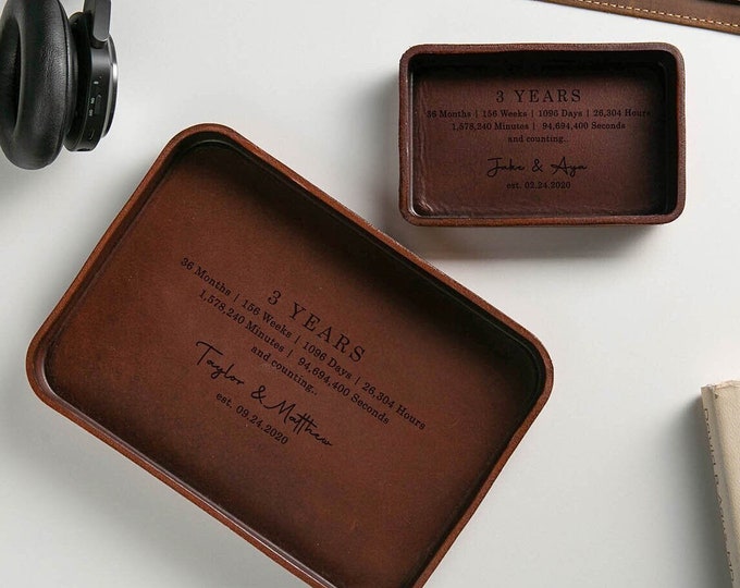 Vegetable Tanned Hard Leather Valet (D4) - Custom Engraved Tray, Personalized Honeymoon Gift, 3 Year Anniversary Boyfriend Husband