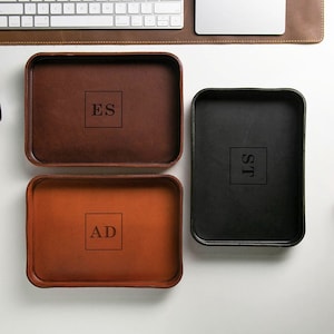 Vegetable Tanned Hard Leather Valet Design 7 Engraved Monogram EDC Tray for Men Groomsmen Husband Boyfriend Gift for Wedding image 1