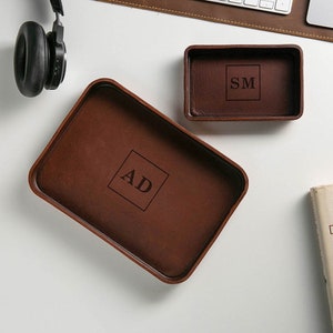 Vegetable Tanned Hard Leather Valet Design 7 Engraved Monogram EDC Tray for Men Groomsmen Husband Boyfriend Gift for Wedding image 3