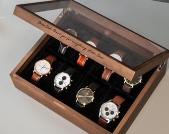 Watch Box Case for 8 Watches w/ Engraved Message - Large Walnut Wood Accessory Organizer Mens Collection Modern MCM Storage Gift Husband Dad
