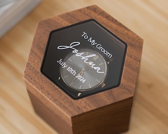 Personalized Hexagon Watch Box w/ Glass Top & Pillow (Watch NOT Included) - Wedding Day Gift for Groom from Bride Anniversary Gift Husband