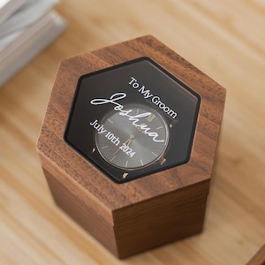 Hexagon Watch Box w/ Glass Top & Pillow (Watch NOT Included) - Wood Apple Watch Gift Box, Wedding Day Groom Gift, Reverse Proposal Box