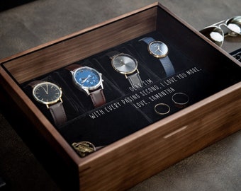 8x10 Wood Watch Box with Glass Lid (Design 9) - Birthday Gift for Son Husband Boyfriend Watch Enthusiast Jewelry Display Valet Wooden Box