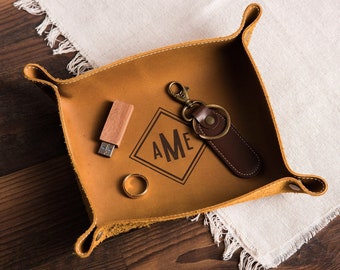 Engraved Leather Valet Tray - Personalized Catchall Ring or Key Tray, Office Desk or Entryway Dorm Decor, 3rd Anniversary Honeymoon Gift