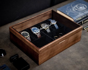 8x10 Wood Watch Box with Glass Lid (Design 4) - Personalized Luxury Birthday Gift for Son Watch Enthusiast Gentlemen Jewelry Display Case