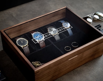8x10 Wood Watch Box with Glass Lid (Design 7) - Premium Gift for Watch Enthusiasts Lovers, Display Valet Multifunctional Wood Watch Storage