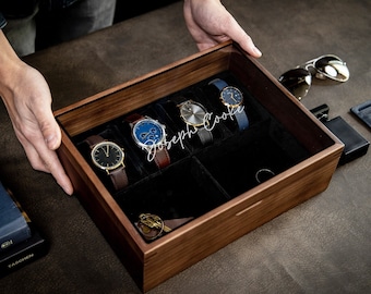 8x10 Wood Watch Box with Glass Lid (Design 2) - Personalized Men's Jewelry Box Watch Display Case, Wedding Engagement Housewarming Gift