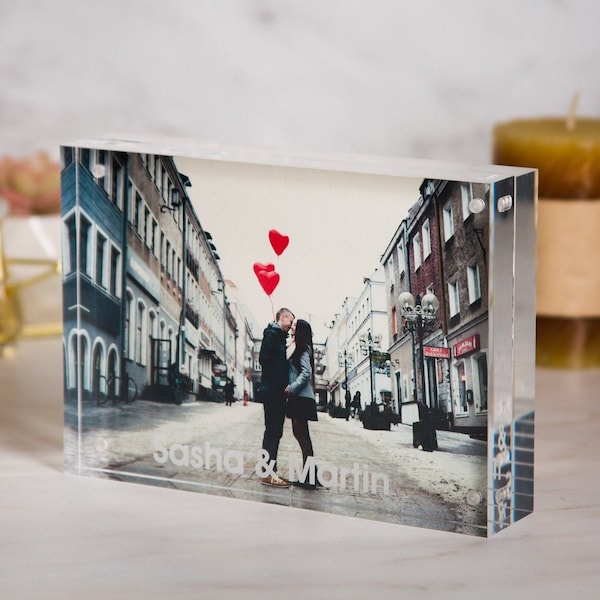 Engraved Acrylic Photo Block - New Home Office Picture Frame Work Desk Engagement Wedding Gift for Couples, Bedroom Decor, Valentines Gift
