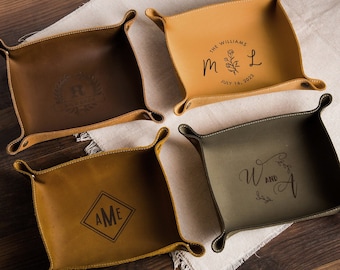 Engraved Leather Valet Tray - Personalized Catchall Ring Key Tray, Office Desk or Entryway Decor, Anniversary Gift for Husband Wife Dad Mom
