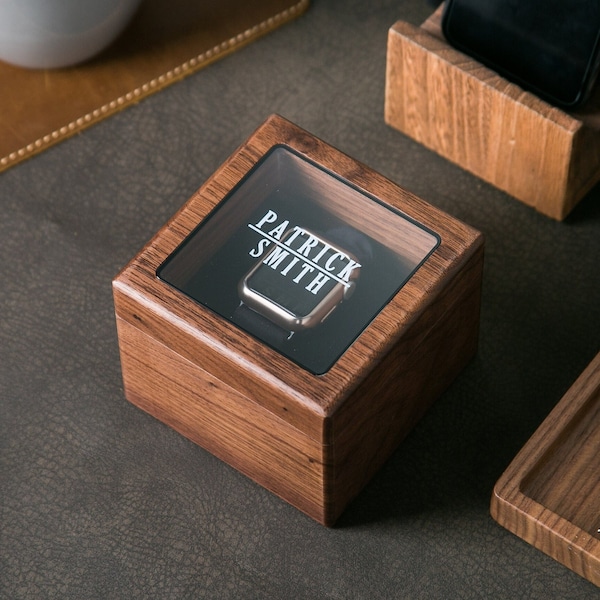 Watch Box w/ Glass Top & Pillow (Watch NOT Included) - Walnut Wood Apple Watch or Accessory Gift Box, Father of the Bride Groom Dad Husband