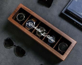 Wide Wood Watch Box (Design 6) - Personalized Watch Display Case for Watch Enthusiasts Wedding Birthday Gift for Him Dad Son Husband Fiance