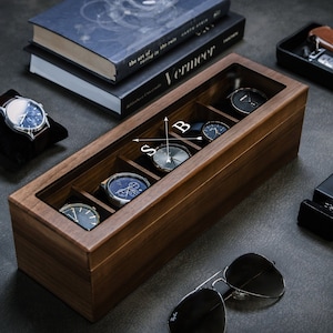 Wide Walnut Wood Watch Box (D1) - Custom Mens Luxury Accessory Storage Case Birthday Anniversary Wedding Gift for Husband Boyfriend Groom