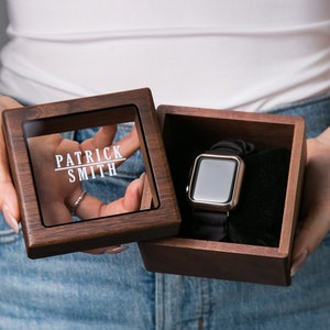 Watch Box w/ Glass Top & Pillow (Watch NOT Included) - Walnut Wood Apple Watch Accessory Gift Box for Father of the Bride Groom Dad Husband
