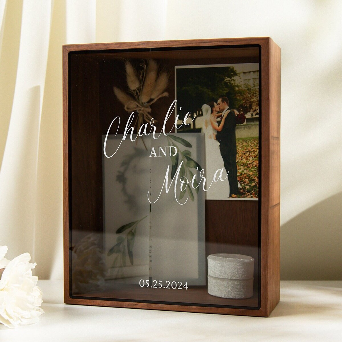 8x10 Shadow Box with Glass Lid (Design 1) - Wedding Memory Box Gift for Newlywed Couple Bride, Name and Date, Anniversary Memento Card Box