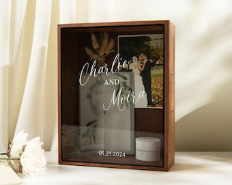 8x10 Shadow Box with Glass Lid (Design 1) - Wedding Memory Box Gift for Newlywed Couple Bride, Name and Date, Anniversary Memento Card Box