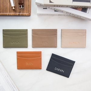 Embossed Leather Card Holder - Custom Monogram Name Initials Slim Money ID Wallet, Birthday Wedding Travel 3rd Anniversary Gift Him Her