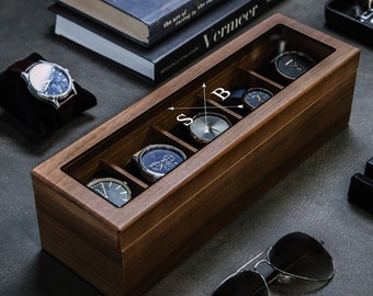 Wide Wood Watch Box (Design 1) - Custom Mens Watch Storage Case 5 Year Anniversary Wedding Engagement Gift for Husband Boyfriend Groom Dad