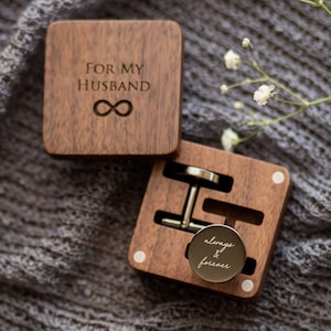 Metal Cufflinks Engraved Box Optional, Custom Wedding Day Cuff links for Groom Dad Father of the Bride, Wood Anniversary Gift for Husband image 1