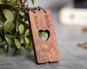 Wood Heart Keychain Set (Design 1) - Two Half Hearts Magnetic Keychains for Couples, Wedding Anniversary Husband Wife, BFF Gifts, Dad Gift