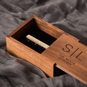 Tie Clip Bar with Tall Box Set- Custom Engraved Wooden Box, Wedding Anniversary Gift for Husband Father of the Bride Groom from Future Wife