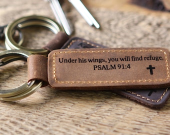 Leather Key Chain -  Religious Quotes or Name on Leather Key Chain, 3rd Leather Anniversary Gift, Church Christmas Gift, Father's Day Gift