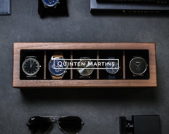Wide Wood Watch Box (Design 10) - Custom Watch Storage Display Case with Glass Lid Watch Enthusiast Gift for Men Groom Husband Boyfriend