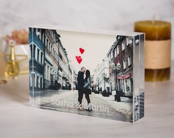 Engraved Acrylic Photo Block - New Home or Office Picture Frame Work Gift, BFF Birthday, Engagement Wedding Gift for Couples, Mother's Day