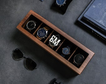 Wide Wood Watch Box (Design 7) - Monogram Watch Collection Keepsake Display Case Gift for Watch Enthusiasts Birthday Wedding 5th Anniversary