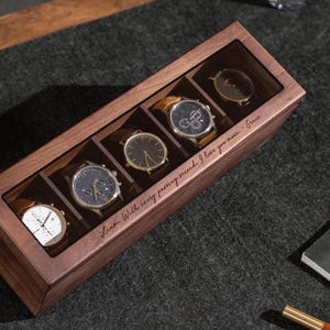 Engraved Wide Wood Watch Box (Top Custom Message) - Walnut 5 Slot Watches Collection Organizer Anniversary Wedding Gift Groom Husband Father