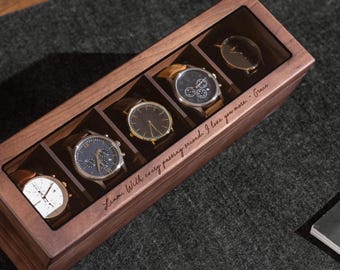 Engraved Wide Wood Watch Box (Top Custom Message) - 5 Slot Watches Collection Organizer Wedding Gift for Groom Husband Anniversary from Wife