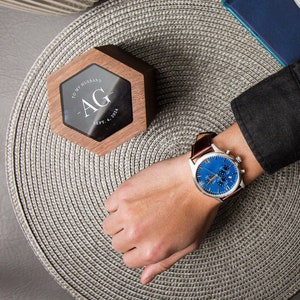 Metal Watch & Hexagon Watch Box w/ Glass Top (Set) - Mens Watch, Wedding Day Groom Gifts, Birthday Present for Men Husband Brother Boyfriend