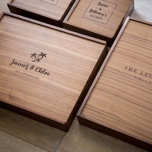 Travel Keepsake Box - Custom Wood Box for Letter Post Card Trinket Photo, Birthday Anniversary Gift for Husband Wife, Letter Card Storage