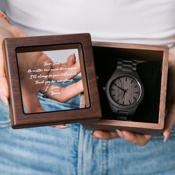 Engraved Wood Watch & Glass Top Walnut Gift Box - Mens 5th Anniversary Gift Husband, Wedding Gift Father of Bride Groom Dad Son Brother